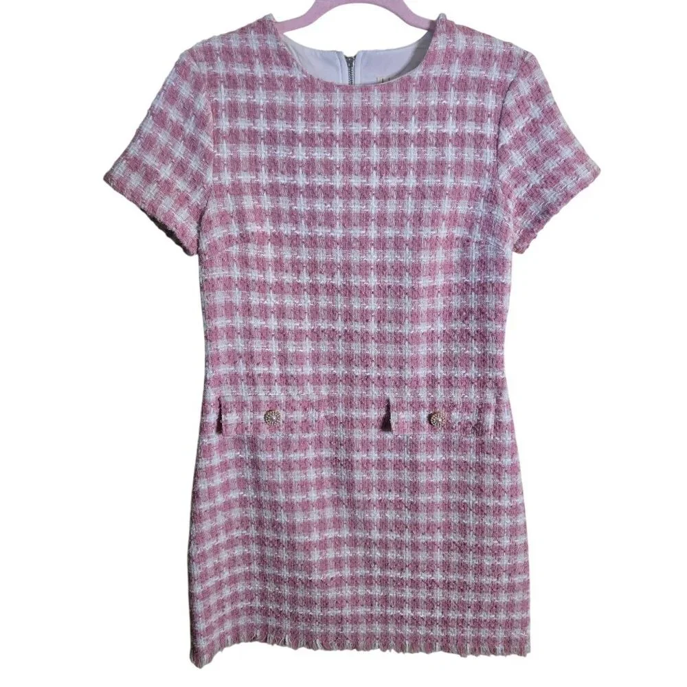 Bebop Pink Gingham Tweed Sheath Dress Raw Hem Pearl Button Detail Size M